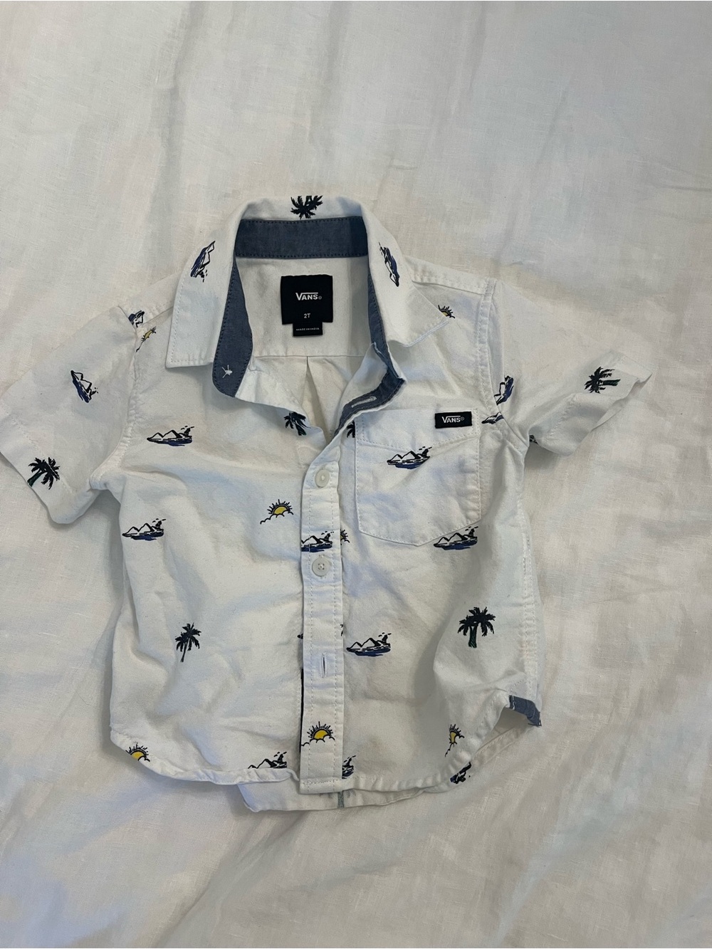 Vans White Short Sleeve Button-Up with Surf & Palm Motif - Kids
